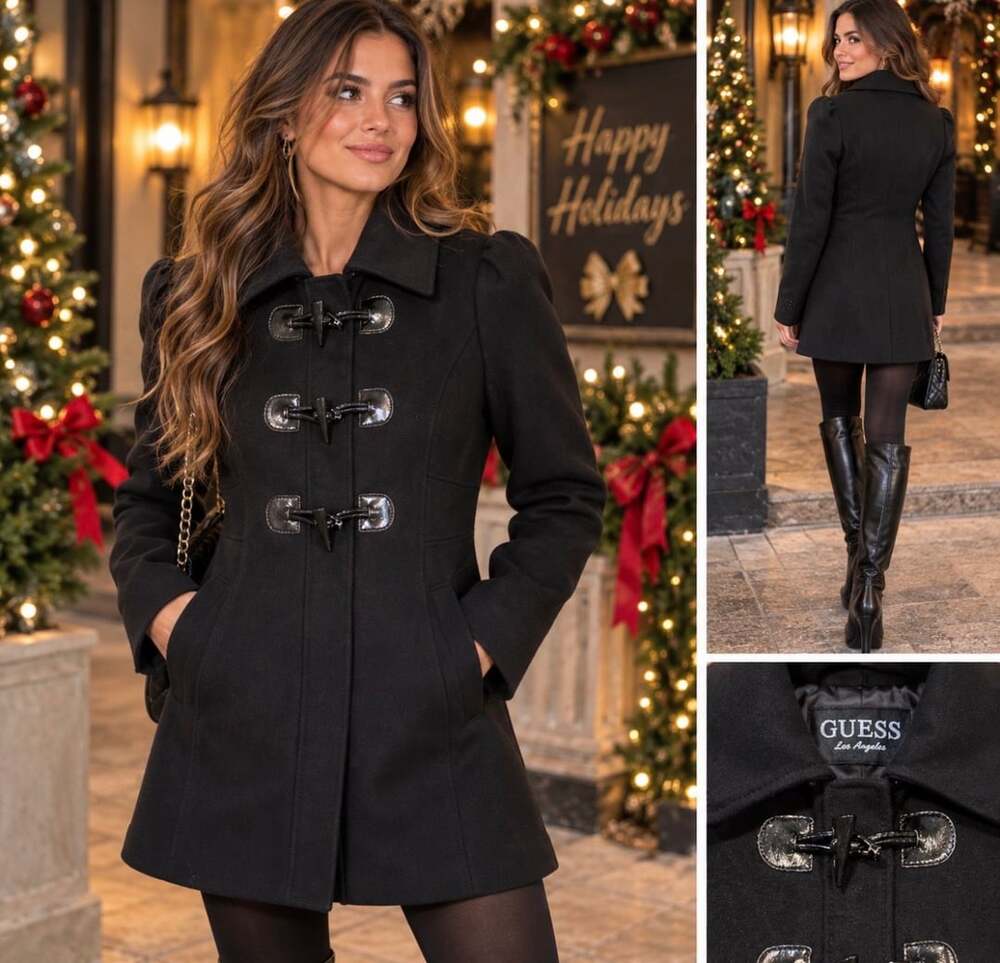 GUESS Los Angeles Women’s Black Wool Blend Toggle Coat Size S Fitted Zip Jacket